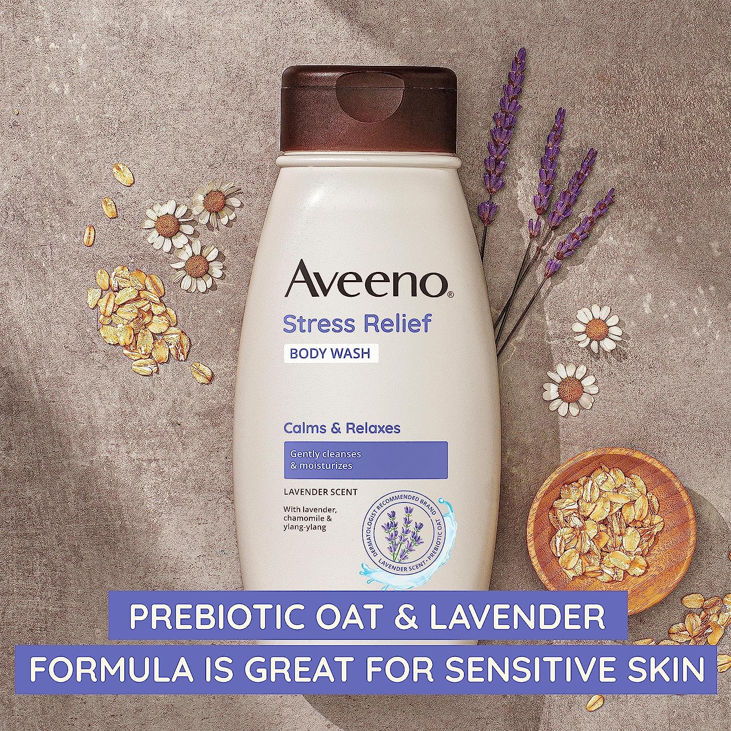 Aveeno Stress Relief Body Wash with Nourishing Oat & Lavender Scent for Sensitive Skin, Gently Cleanses & Helps You Feel Calm & Relaxed in the Shower, Soap-Free, 12 fl. oz